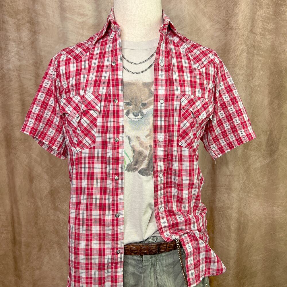 Pearl Snap Western Shirt Checkered Plaid Red White Button Up Vintage 80s Cowboy